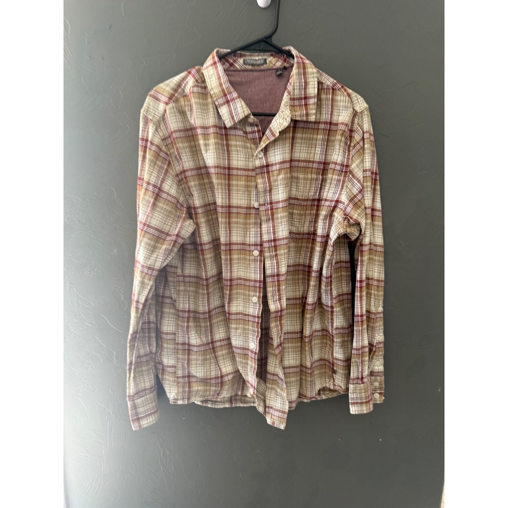 Toad&Co Mens Open Air LS Shirt Organic‎ Cotton Plaid Tan Burgundy T2251304 Large